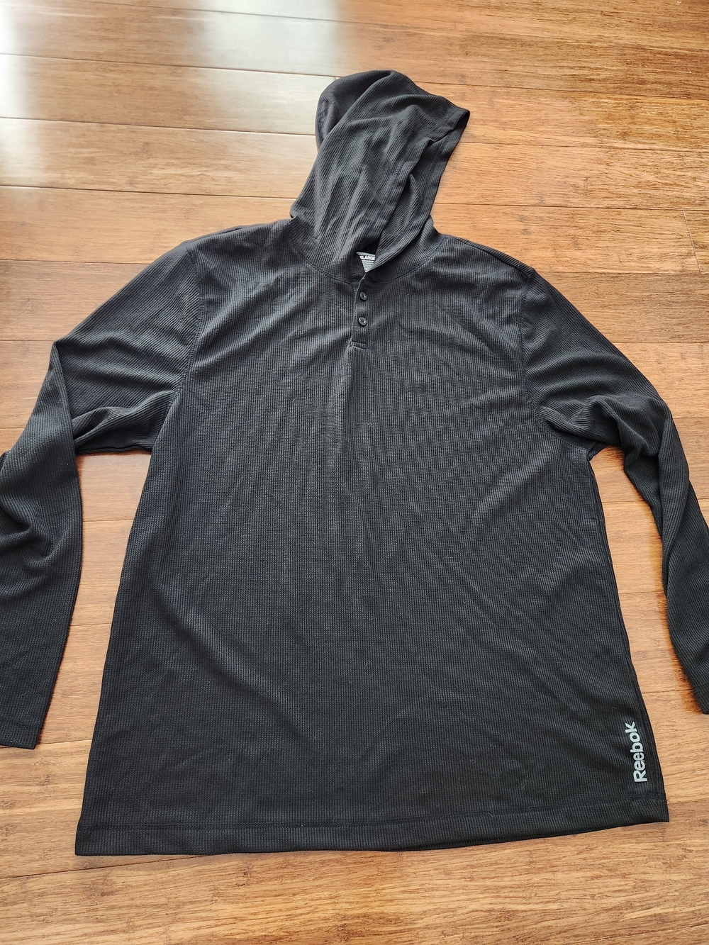 Reebok Men’s Black Hooded Long Sleeve Henley Soft Sleep Or Lounge Shirt, XL